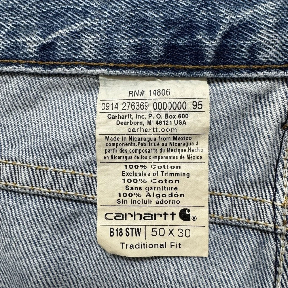 Carhartt Straight Traditional Fit Tapered Leg Stonewash Denim Jeans‎ 50x28